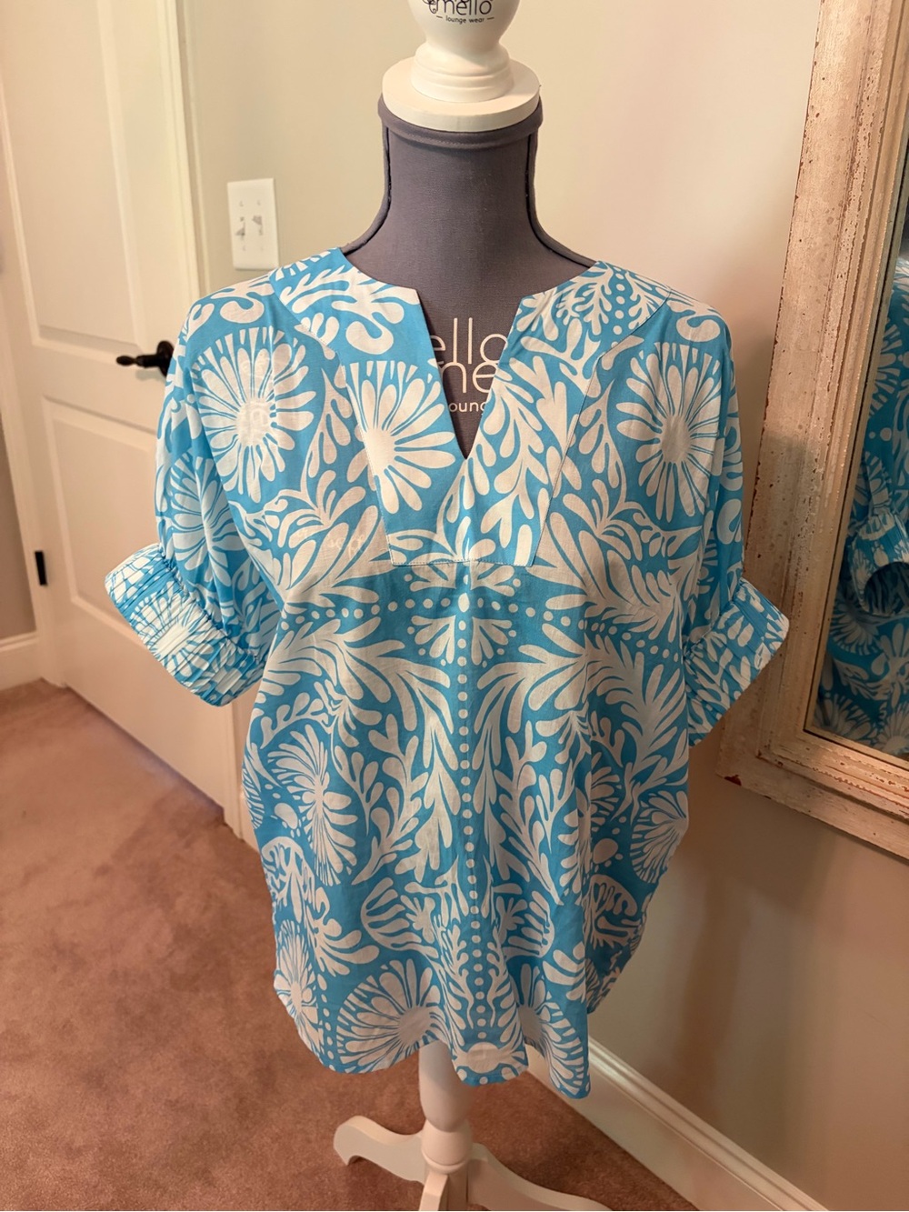 Women's Blue Floral Split-Neck Blouse
